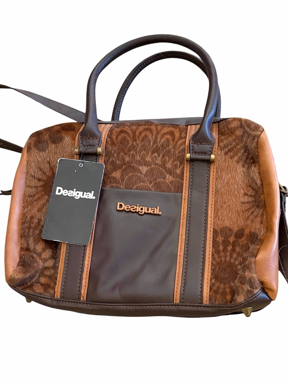 Very rare Desigual Brown & Tan Leather Haircalf Crossbody Satchel